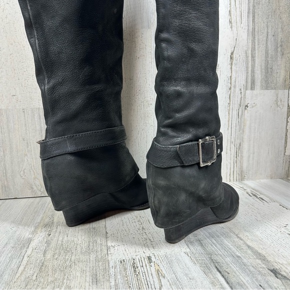 Vince Camuto Alician Leather Black Wedge Heels Buckle Knee High Boots #1299 - Picture 8 of 12